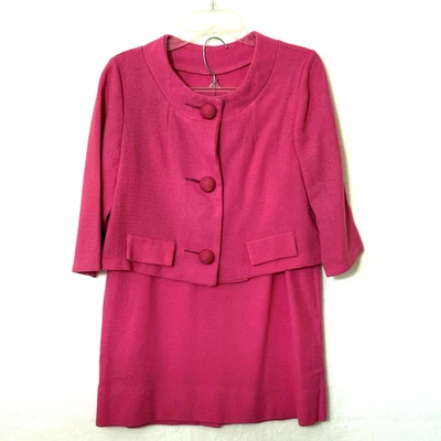 Винтажный женщин 1960-х 2 ПК куртка юбка платье костюм комплект розовый шерсти смесь 3/4 рукав - Изображение 1 из 4