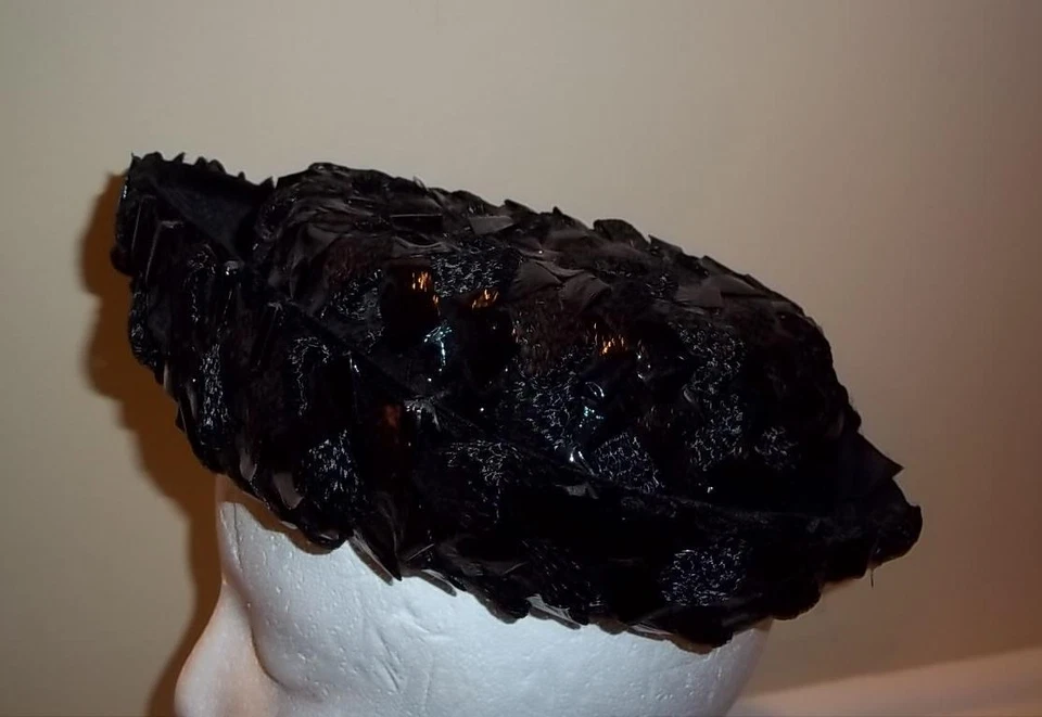 Sombrero Paja Azul Marino Cinta Terciopelo con Lazo Puntos Doblados Ala Girada Azul Marino De Colección Foto 1 de 1