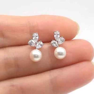 2.20Ct Simulated Pearls/Diamond Drop Womens Stud Earrings 14K White Gold Finish - Picture 1 of 4