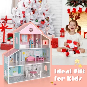 Kids Wooden Dollhouse 3-Tier Toddler Doll House Furniture Gift for Age 3 Plus - Picture 1 of 12