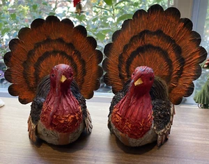 Set 2 Paper Mache And Cardboard Turkey Decor Thanksgiving Fall Unique - Picture 1 of 13
