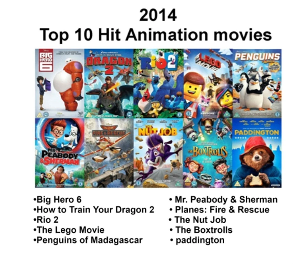 KIDS CARTOON TOP 10 ANIMATION FILMS LEGO MOVIE, BIG HERO 6, RIO SEALED UK R2 DVD - Image 1 of 4