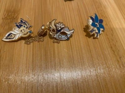 Bundle of 3 enamel metal pins - masquerade mask, flower, feather themed - Image 1 of 3