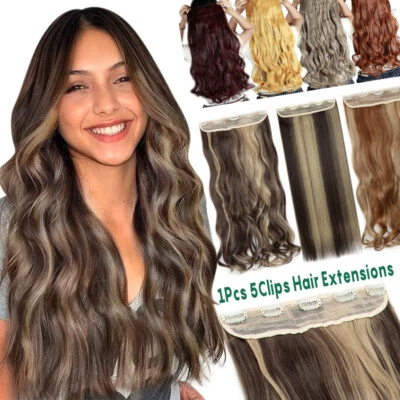 One Piece THICK Natural Clip in 100% Real as Human Hair Extensions Full Head US - Image 1 of 4