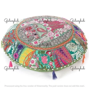 16X16 In Indian Handmade Cotton Pillow Cover Green Bohemian Floor Cushion Cover - Picture 1 of 6