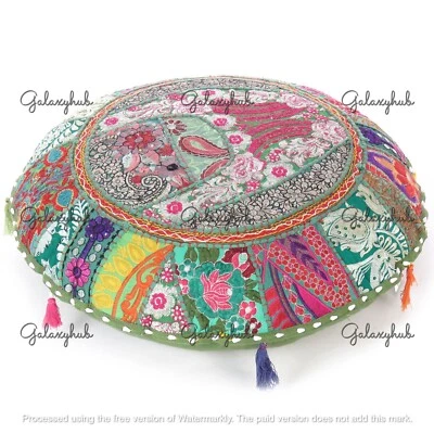 16X16 In Indian Handmade Cotton Pillow Cover Green Bohemian Floor Cushion Cover - Image 1 of 4