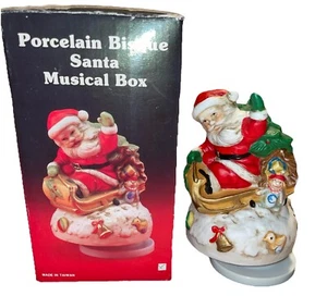 Musical CHRISTMAS Wind-Up Rotating Porcelain Santa & Present Music Box Inc w/Box - Picture 1 of 12