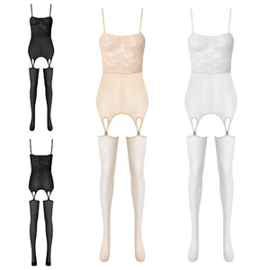 Womens Nightwear With Garter Clips Minidress Stockings Lingerie Tempting Sheer - Picture 1 of 32