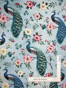 Blue Feathered Peacock Birds Flowers Cotton Fabric David Textiles By The Yard - Picture 1 of 1