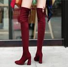 Stretchy Womens Pointy Toe Over Knee Thigh Boots Pull On High Block Heels Shoes