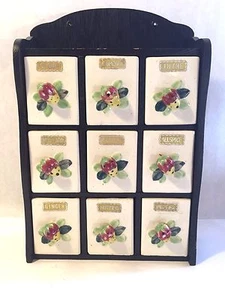 Vtg Wales 3 Tier Ceramic Fruit Spice Rack Wood Frame Made in Japan for Wall MCM - Picture 1 of 12