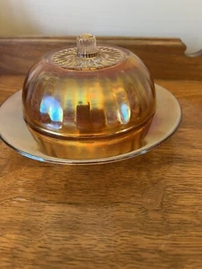Vintage Carnival Glass round Butter Dish Bottom & Lid Orange Marigold - Picture 1 of 8