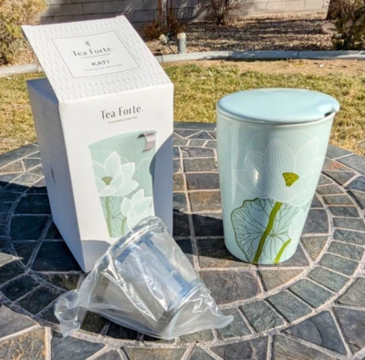 Caneca/infusor de cerâmica parede dupla Tea Forte Lotus Kati Steeping 12 oz + tampa nova na caixa - Imagem 1 de 4