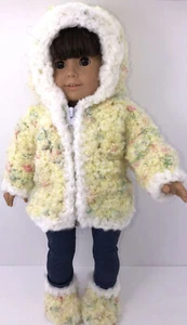 Doll Coat Made For 18” Doll Zips Hood Boots Handmade Yellow/White - Picture 1 of 11