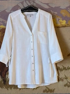 Hayden Los Angeles Sz L Womens Off White Blouse Button Up Shirt 3/4 Tied Sleeve - Picture 1 of 8