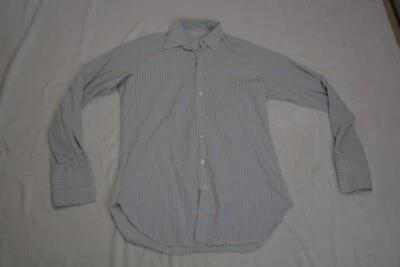Ascot Chang Shirt Custom Made White/Blu Striped Cotton Dress Long Sleeve Button - Image 1 of 4