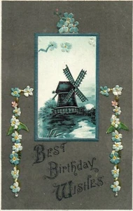 Series 4496 Best Birthday Wishes Blue Windmill Birthday Postcard - Picture 1 of 2