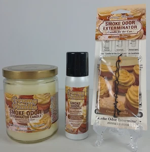 Smoke Odor Exterminator 13oz Candle 2.5oz Spray Car Freshener Creamy Vanilla Set - Picture 1 of 2