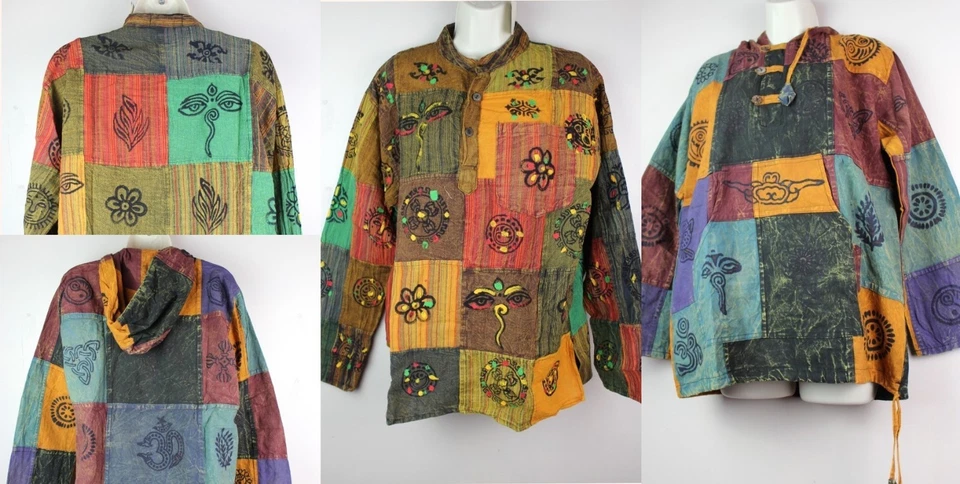 РУЧНОЙ РАБОТЫ Stonewash лоскутное одеяло рубашка фестиваль верхний пуловер хиппи Курта повседневный - Изображение 1 из 1