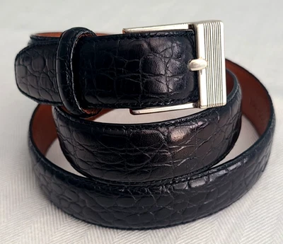 Cinturón de cuero italiano Ralph Lauren negro aspecto cocodrilo níquel logotipo RLL MEDIANO Foto 1 de 4