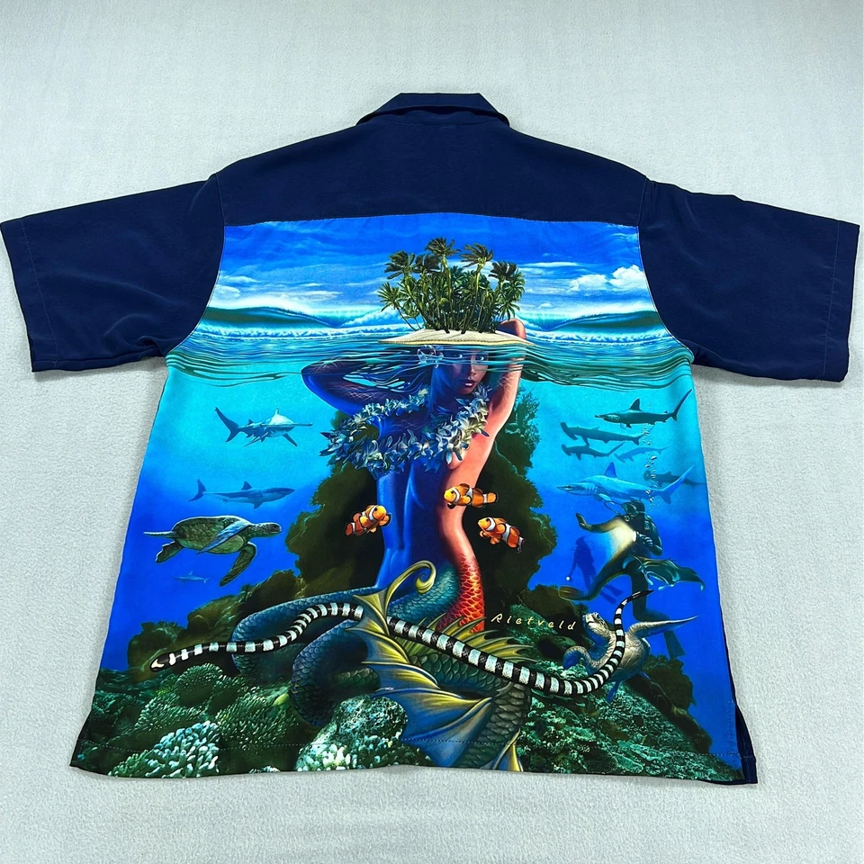 Rietveld Hawaiian Shirt Mens XL Blue Mermaid Island Underwater Graphic USA Ocean - Image 1 of 4