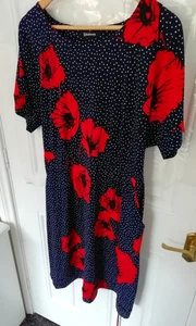Kaleidoscope 20 Dress Navy Blue Red White Floral Stretchy Pockets Tie Belt Spot - Picture 1 of 10