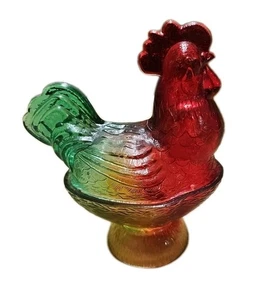 Vintage Rooster on Pedestal Tri-color Green Red Amber Glass Covered Candy Dish - Picture 1 of 13