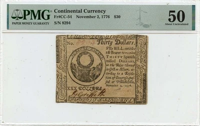 1776 November 2, $30 Continental Currency FR#CC-54 PMG AU50 - Image 1 of 2