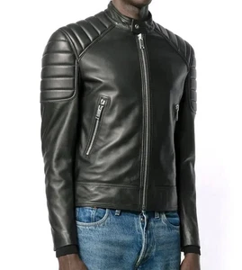 Chaqueta de cuero Café Racer para hombre motocicleta motociclista negra suave piel de oveja cuero - Imagen 1 de 5