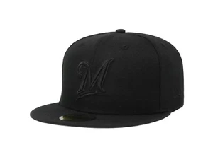 New Era 59Fifty Men Women Cap MLB Milwaukee Brewers Black on Black Fitted Hat - Picture 1 of 5