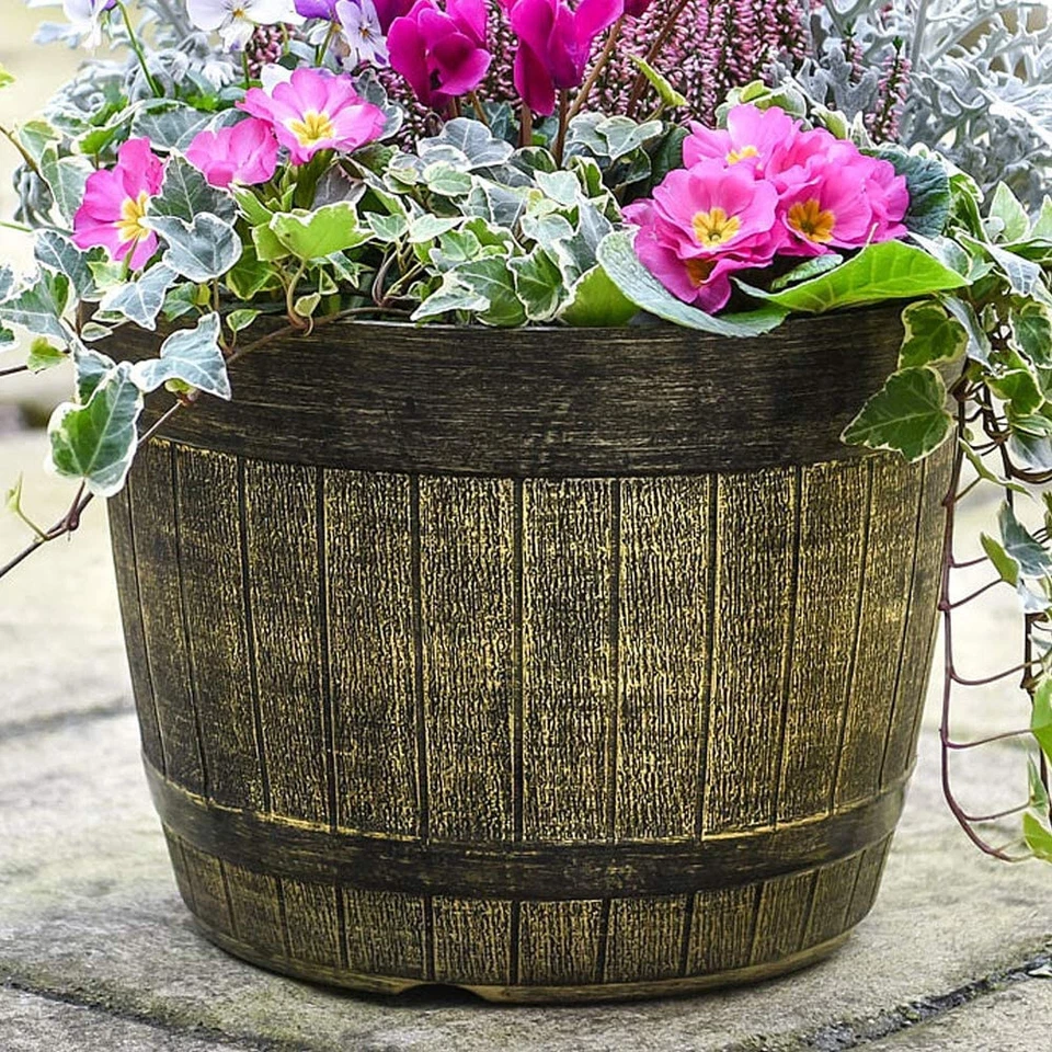 Garden Whiskey Barrel Planter Outdoor Lightweight Plastic Gold 30cm Flower Pot