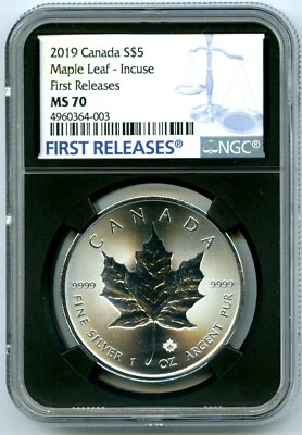2019 $5 CANADA 1 OZ SILVER INCUSE DESIGN MAPLE LEAF NGC MS70 FIRST RELEASE RETRO - Image 1 of 3