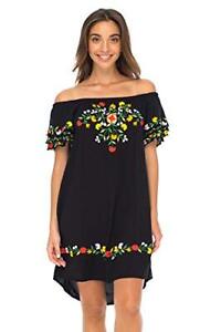 Back From Bali Womens Off Shoulder Short Mexican Embroidered Dress Floral Boho