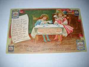 WHITE HOUSE TEAS antique Victorian unused postcard CHROMO girls have tea party - Picture 1 of 2