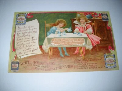 WHITE HOUSE TEAS antique Victorian unused postcard CHROMO girls have tea party - Image 1 of 2