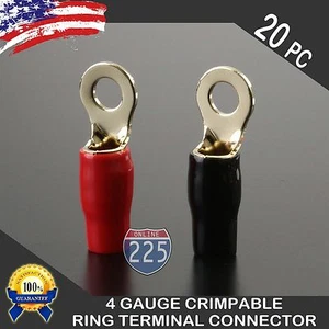 4 Gauge Gold Ring Terminal 20 Pack 4 AWG Wire Crimp Red Black Boots 5/16" Stud - Picture 1 of 1