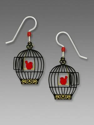Sienna Sky Earrings Sterling Silver Hook Hand Painted Open Bird Cage Red Bird - Image 1 of 4