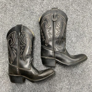 Kids Western Sz 9 D Black Leather Embroidered Pointed Toe Cowboy Boots Youth Boy - Picture 1 of 11