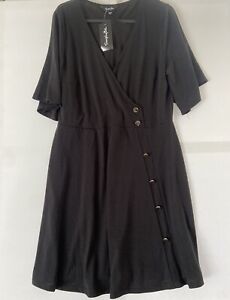 Simply Be Black Jersey Mock Wrap Dress  Size 14 Black BNWT gold Button Front