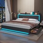 King Size Upholstered Platform Bed Frame with Storage Headboard and LED Lights