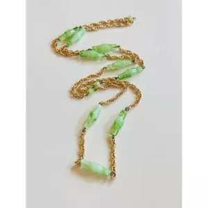 VTG Czech green pressed glass beaded collar Necklace Rare oval beads gold - Picture 1 of 8