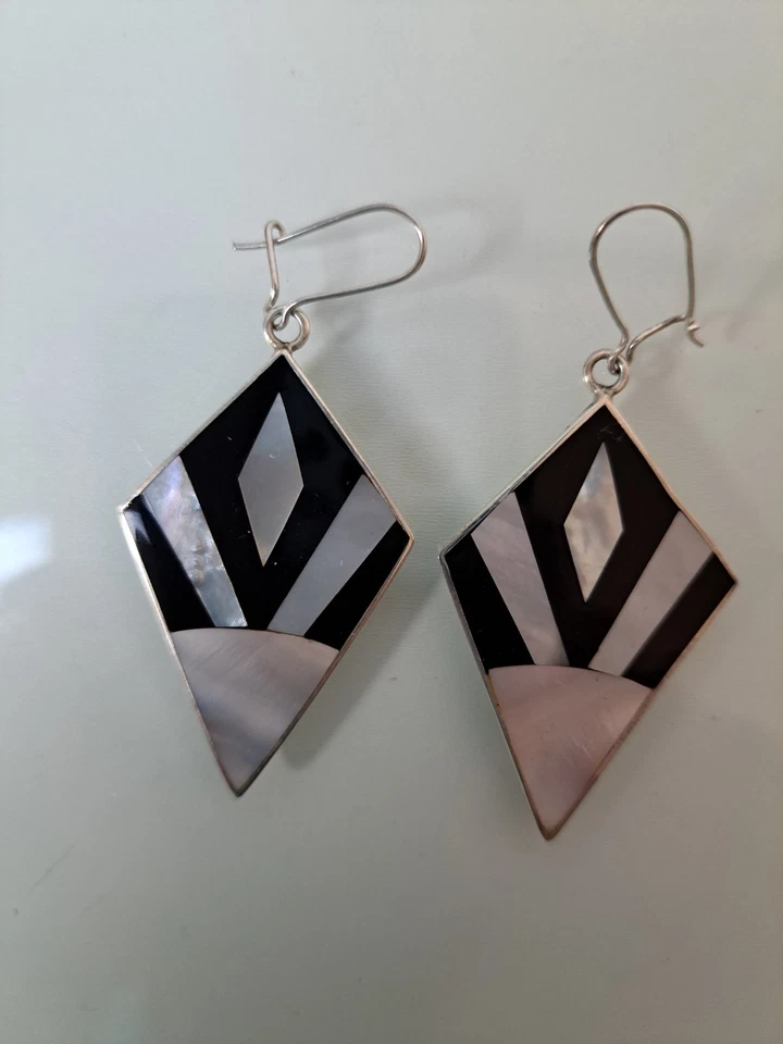 Bellissimi Orecchini, Pendenti, 925 Argento Con Onice E Madreperla - Immagine 1 di 3