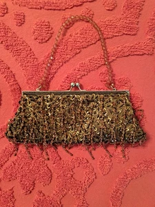 Bolso de Noche Vintage Bijoux Terner Dorado Cuentas/Lentejuelas Cartera Bolso sin asas Bloqueo de beso - Imagen 1 de 7