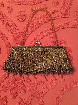 Bolso de Noche Vintage Bijoux Terner Dorado Cuentas/Lentejuelas Cartera Bolso sin asas Bloqueo de beso Foto 1 de 4