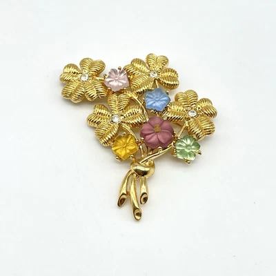 Vtg Monet Flower Bouquet Brooch Pin Frosted Floral Multicolor Glass Gold Tone - Image 1 of 4