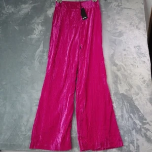 Pantaloni NASTY GAL donna 12 rosa caldo velluto schiacciato gamba larga vita alta festa glam - Foto 1 di 10