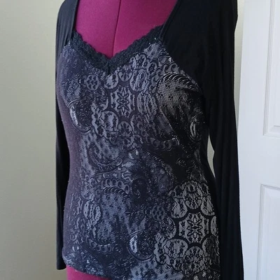 Август шелк кружева спереди футболка XL черный длинный реглан рукав футболка любимый v-образным вырезом - Изображение 1 из 4