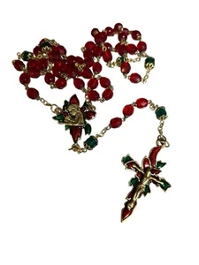Collar Rosario Vintage Católico Santo Rojo y Verde Navidad Cuentas de Vidrio - Imagen 1 de 5