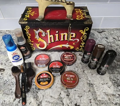 Hand-Painted Shoeshine Box ▪︎ “Shine” Lettering ▪︎ Brass Corners ▪︎ Cast... - Image 1 of 4