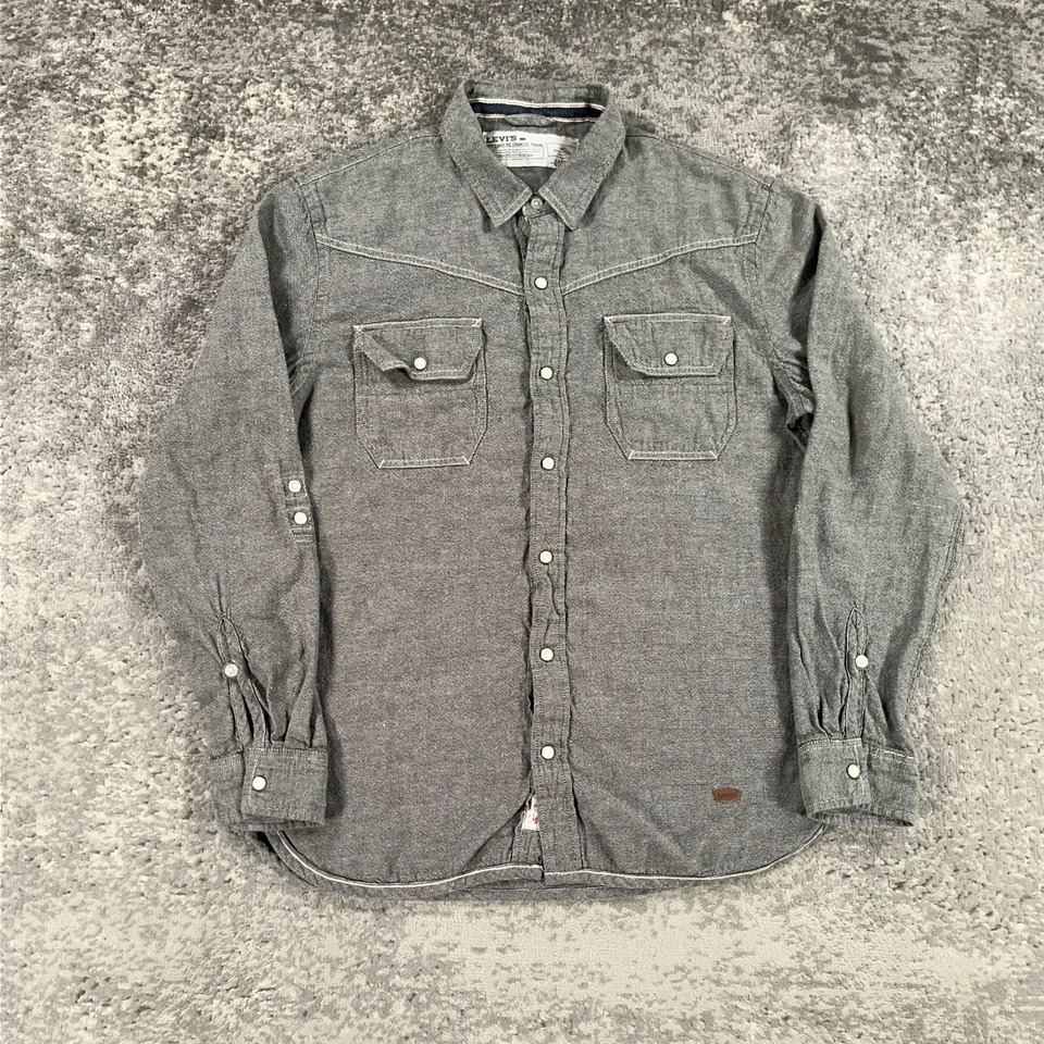 Levis Western Shirt Mens Large Grey Linen Blend Pearl Snap Long Sleeve Cowboy - Image 1 of 4